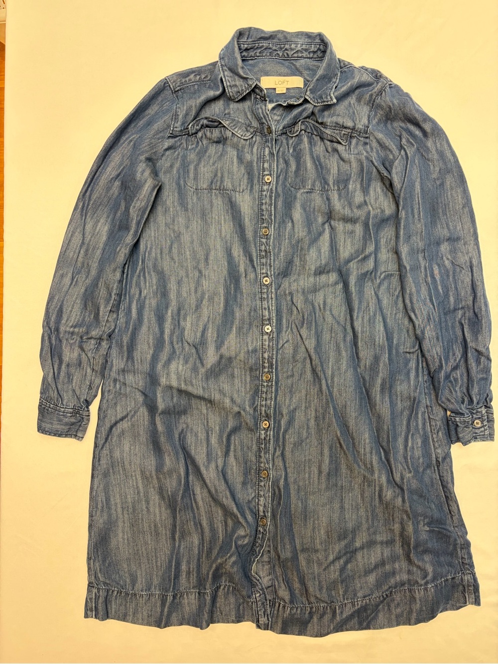 LOFT Chambray Denim Long Sleeve Button Front Shirt Dress Tunic Size XS Lyocell